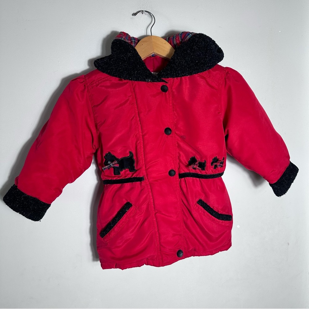 Vintage Bright Red Hooded Puffer Jacket with Scottie Dog Appliqués